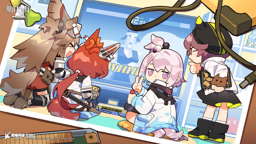 &gt;_&lt; 4girls anger_vein animal_ears arknights armor artist_request black_dress black_footwear black_headwear blush boots breastplate brown_hair controller copyright_name deepcolor_(arknights) dress ear_covers ear_tag facing_away flametail_(arknights) from_behind game_console gauntlets glasses gloves grey_gloves hair_bobbles hair_ornament hand_on_own_chin hand_up helmet highres holding holding_controller horse_ears horse_girl horse_tail jacket jitome joystick kirara_(arknights) kneeling looking_at_viewer looking_back multiple_girls official_art open_mouth orange_eyes photo_(object) pillow pink_eyes pink_hair pointy_ears ponytail purple_hair radio_antenna red-framed_eyewear red_hair red_shirt semi-rimless_eyewear shirt short_hair sitting socks squirrel_ears squirrel_girl squirrel_tail tail television under-rim_eyewear v white_jacket white_shirt white_socks wild_mane_(arknights)