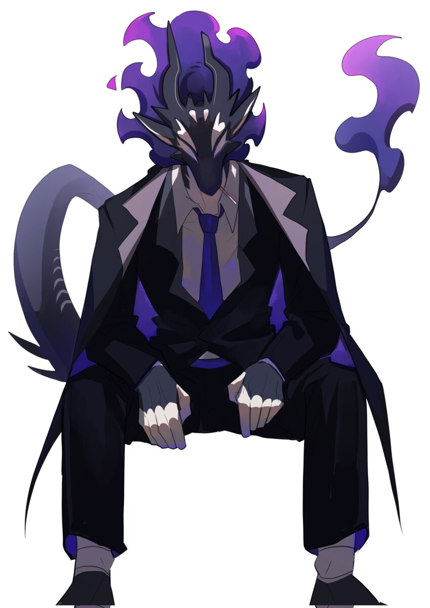 1boy animal_ears artist_name black_coat black_horns black_pants black_scales black_suit blue_necktie coat collared_shirt cropped_legs dragon_boy facial_mark formal_clothes furry furry_male hands_on_own_thighs highres horns invisible_chair long_sleeves male_focus mane mudosa necktie original pants purple_fur shirt simple_background sitting solo spines straight-on suit tail white_background white_eyes white_scales