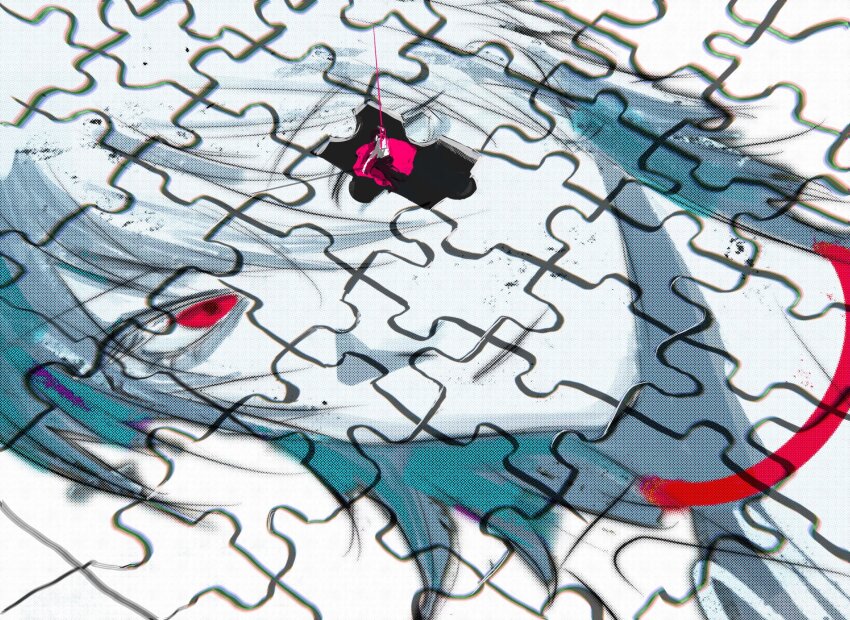 2boys black_hair black_pants blood distortion grey_hair highres ikari_shinji jigsaw_puzzle light_smile male_focus medium_hair multiple_boys nagisa_kaworu neon_genesis_evangelion pants pink_blood puzzle puzzle_piece red_eyes screentones shirt surreal white_shirt yexuan825