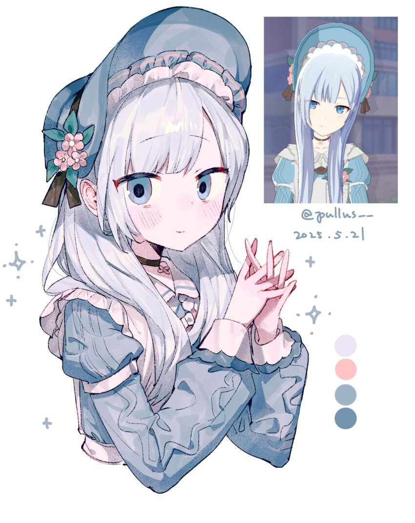 1girl black_choker blue_bonnet blue_dress blue_eyes blush bonnet choker closed_mouth color_guide cropped_torso dated dress game_screenshot_inset grey_hair highres juliet_sleeves light_smile long_hair long_sleeves looking_at_viewer own_hands_together project_sekai puffy_sleeves pullus simple_background solo sparkle twitter_username upper_body white_background yoisaki_kanade
