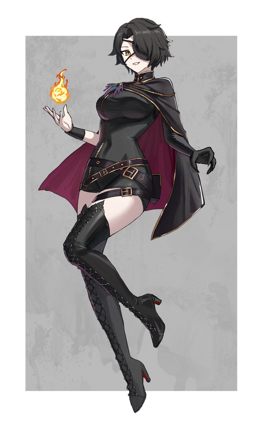 1girl absurdres black_boots black_cape black_hair boots border breasts cape cinder_fall commentary commission elbow_gloves english_commentary eyepatch fire full_body gloves grey_background highres large_breasts one_eye_covered outside_border rwby short_hair single_elbow_glove skrillex_li smile solo white_border yellow_eyes