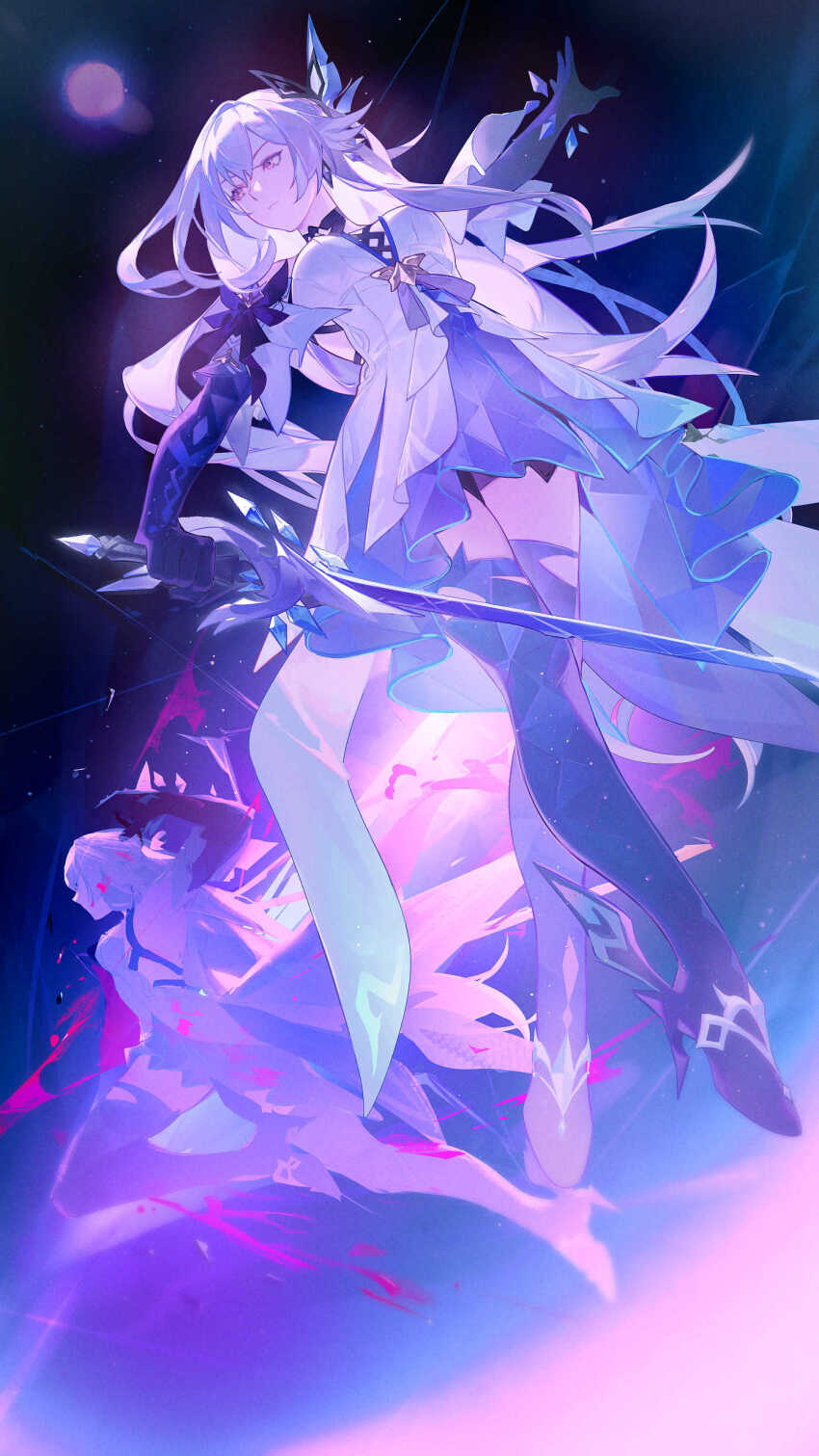 2girls absurdres breasts character_request closed_mouth commentary crystal dress eyelashes genshin_impact highres holding holding_weapon long_hair multiple_girls outstretched_arm pembiklimon purple_eyes skirk_(genshin_impact) weapon