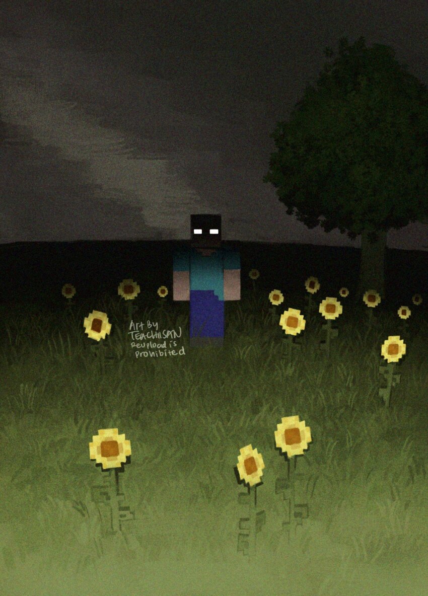 1boy blank_eyes blue_pants blue_shirt flower grass herobrine highres looking_at_viewer male_focus minecraft night pants shirt solo standing teachiisan tree yellow_flower