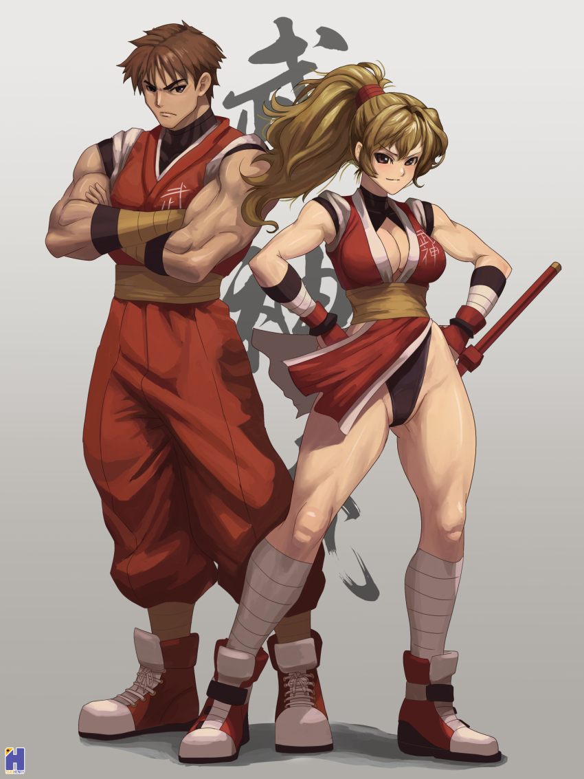 1boy 1girl blonde_hair bodysuit breasts brown_hair cleavage cousins crossed_arms final_fight final_fight_2 genryuusai_maki guy_(final_fight) hands_on_own_hips highres large_breasts long_hair muscular muscular_male ninja panties ponytail shoes sleeveless street_fighter swwhenry underwear