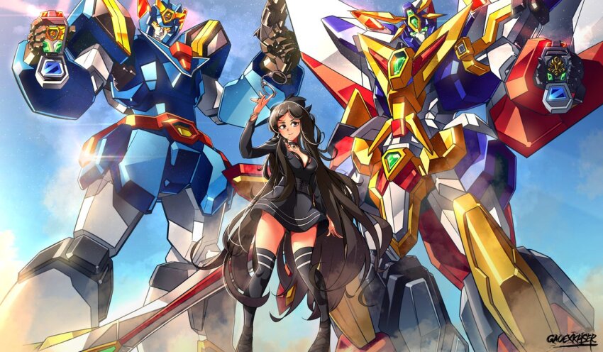 1girl artist_name black_choker black_dress black_footwear black_hair black_thighhighs bracelet breasts brown_eyes cardfight!!_vanguard choker commission commissioner_insert crossover cuffs daiyuusha deckerd dress gao_ex_kaiser glowing green_eyes gun handcuffs head_tilt holding holding_gun holding_sword holding_weapon jewelry long_hair looking_at_viewer mecha medium_breasts orange_eyes police robot super_robot sword thighhighs v-fin very_long_hair weapon yuusha_keisatsu_j-decker yuusha_series