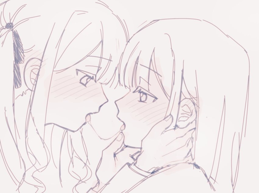 2girls bang_dream! bang_dream!_it&#039;s_mygo!!!!! blush commentary ear_blush from_side greyscale hair_ribbon hand_on_another&#039;s_neck hashtag-only_commentary highres long_hair looking_at_another monochrome multiple_girls nhymoo profile ribbon saliva saliva_trail togawa_sakiko two_side_up upper_body wakaba_mutsumi yuri
