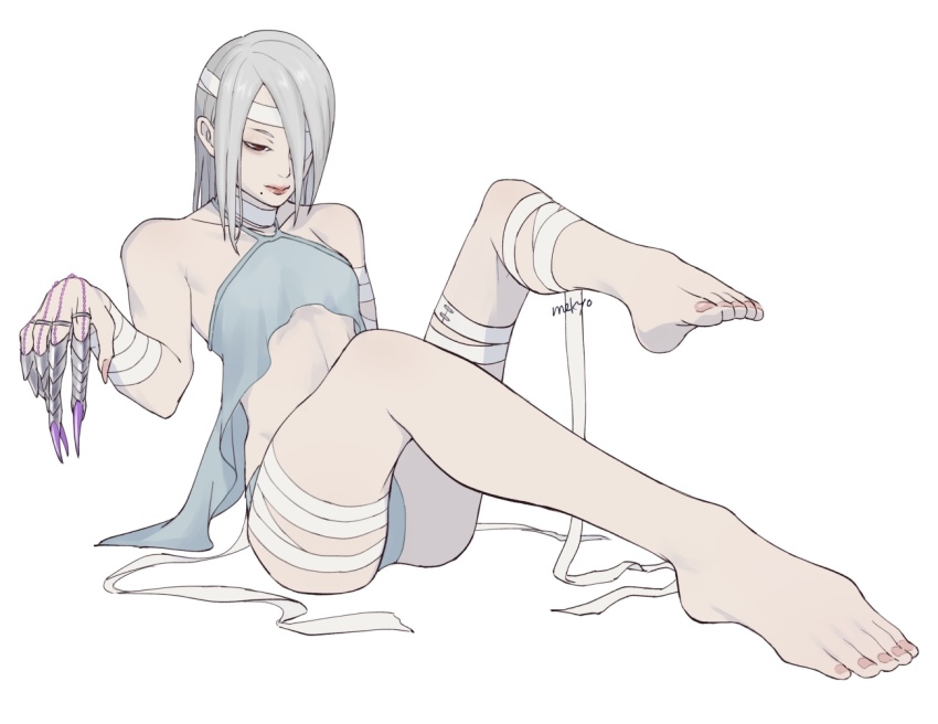 a.k.i._(street_fighter) ass bandage_over_one_eye bandaged_arm bandaged_head bandaged_leg bandaged_neck bandages barefoot bikini claw_(weapon) claw_ring feet hair_over_one_eye mekyo mole mole_under_mouth official_alternate_costume official_alternate_hairstyle sitting street_fighter street_fighter_6 swimsuit toes weapon