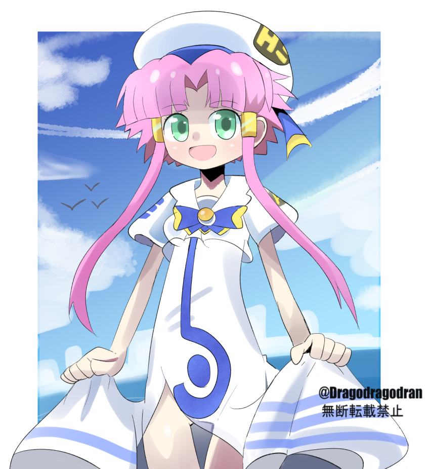 1girl aria_(manga) aria_company_uniform artist_name beret bird blue_bow blue_bowtie blue_sky bow bowtie clothes_lift cloud cowboy_shot curtained_hair deformed dragodragodran dress dress_lift green_eyes hair_tubes hat highres long_dress looking_at_viewer mizunashi_akari ocean open_mouth pink_hair short_hair_with_long_locks short_sleeves side_slit sidelocks sky solo standing twitter_username white_dress white_hat