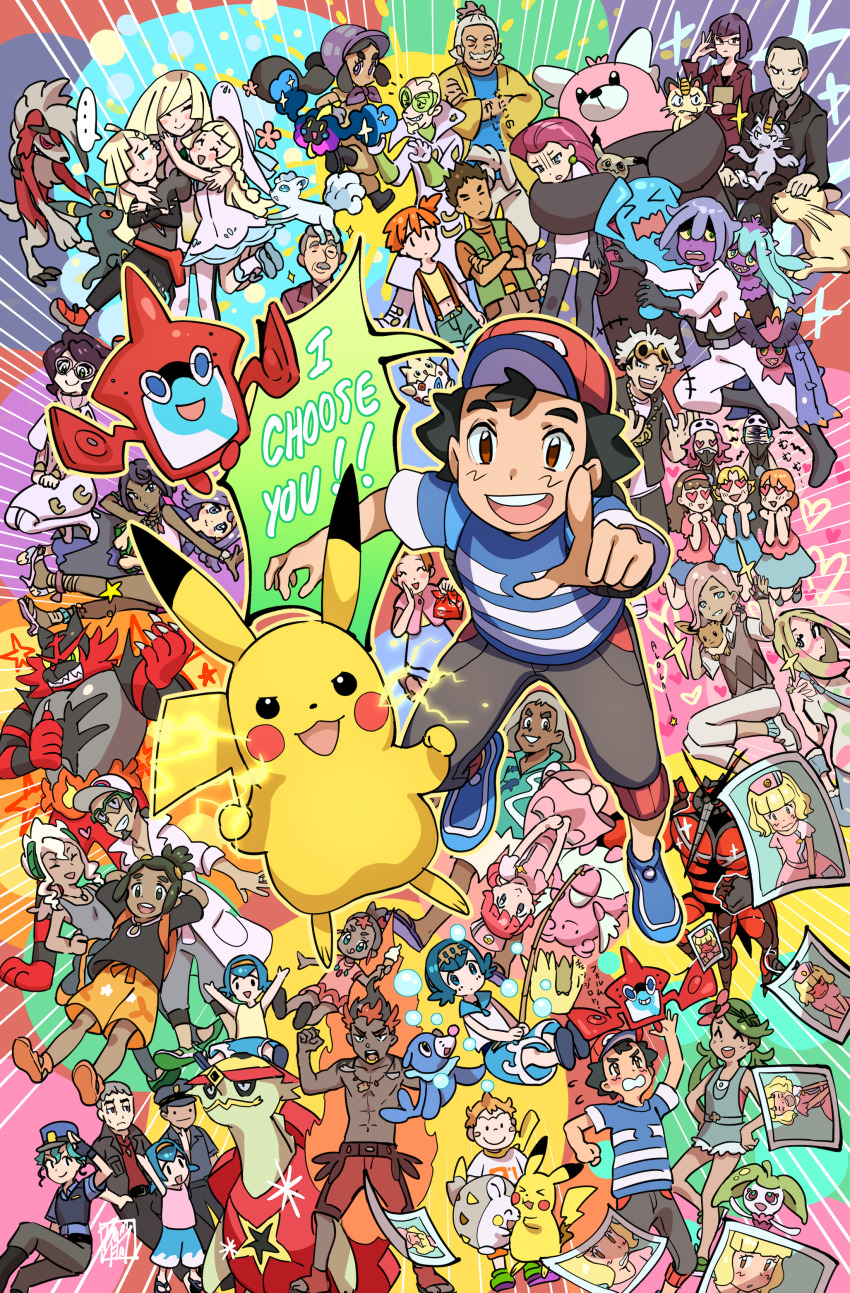 6+boys 6+girls :d absurdres acerola_(pokemon) alolan_form alolan_meowth ash_ketchum baseball_cap bewear black_hair blonde_hair blue_footwear bomhat brock_(pokemon) brown_eyes brown_pants burnet_(pokemon) buzzwole capri_pants commentary_request delia_ketchum electricity emphasis_lines english_text faba_(pokemon) gen_1_pokemon gen_2_pokemon gen_4_pokemon gen_7_pokemon giovanni_(pokemon) gladion_(pokemon) guzma_(pokemon) hala_(pokemon) hapu_(pokemon) harper_(pokemon) hat hau_(pokemon) heart heart-shaped_eyes highres ilima_(pokemon) incineroar james_(pokemon) jenny_(pokemon) jessie_(pokemon) joy_(pokemon) kiawe_(pokemon) kukui_(pokemon) lana_(pokemon) lillie_(pokemon) lusamine_(pokemon) lycanroc lycanroc_(midnight) mallow_(pokemon) mareanie matori_(pokemon) meowth mimikyu mimo_(pokemon) mina_(pokemon) misty_(pokemon) mother_and_daughter mother_and_son multiple_boys multiple_girls nanu_(pokemon) nintendo olivia_(pokemon) open_mouth outline pants persian photo_(object) pikachu pointing pokemon pokemon_(anime) pokemon_(creature) pokemon_sm_(anime) red_headwear rotom rotom_dex samson_oak sarah_(pokemon) shirt shoes short_hair short_sleeves signature smile sophocles_(pokemon) speech_bubble steenee striped_clothes striped_shirt t-shirt team_skull_grunt teeth togedemaru tongue toxapex turtonator ultra_beast umbreon upper_teeth_only wicke_(pokemon) wobbuffet