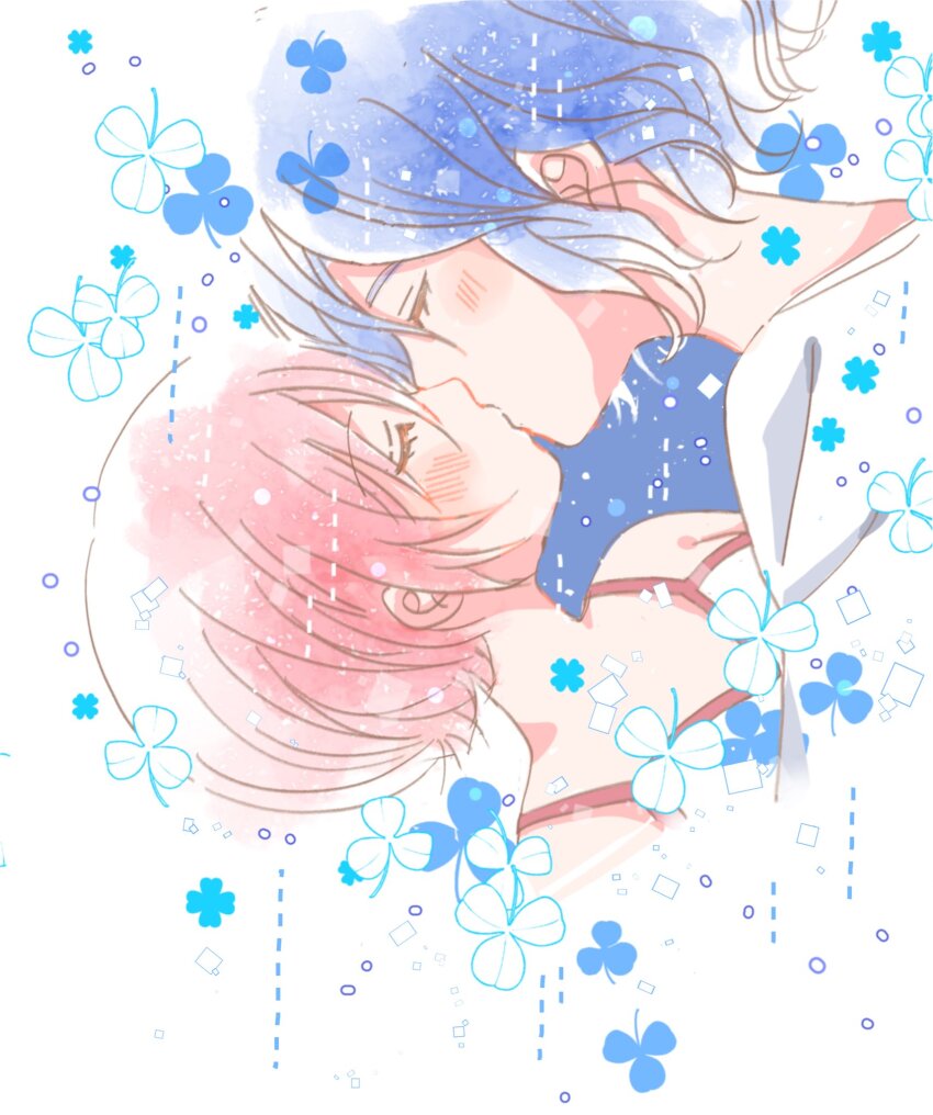 1boy 1girl amate_yuzuriha blue_hair blush closed_eyes clover commentary four-leaf_clover gundam gundam_gquuuuuux hetero highres kiss miz_iros red_hair short_hair shuji_ito