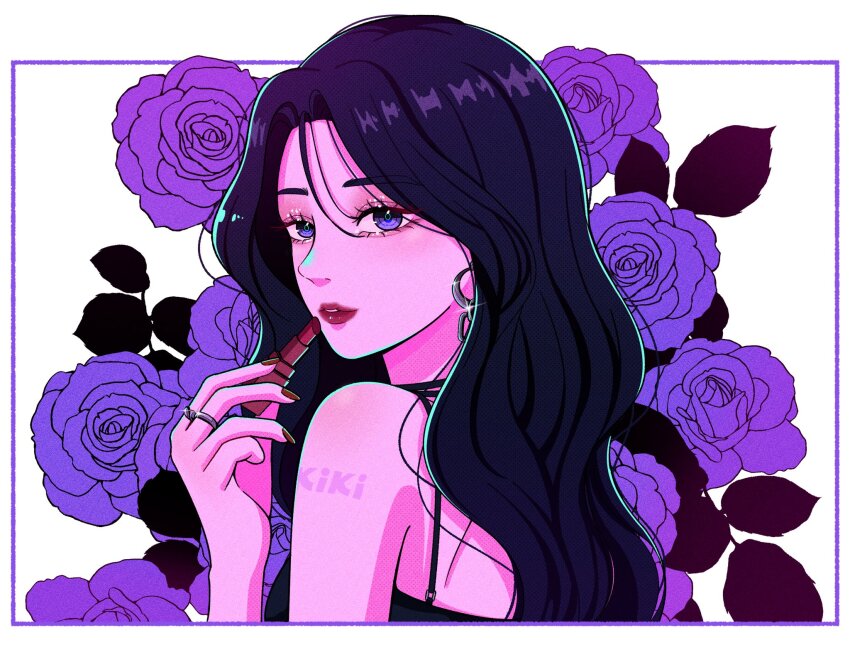 1girl aespa black_hair commentary_request cosmetics earrings flower highres holding holding_lipstick_tube jewelry k-pop karina_(aespa) lipstick_tube long_hair looking_back purple_eyes real_life red_lips sail_ofhope solo upper_body