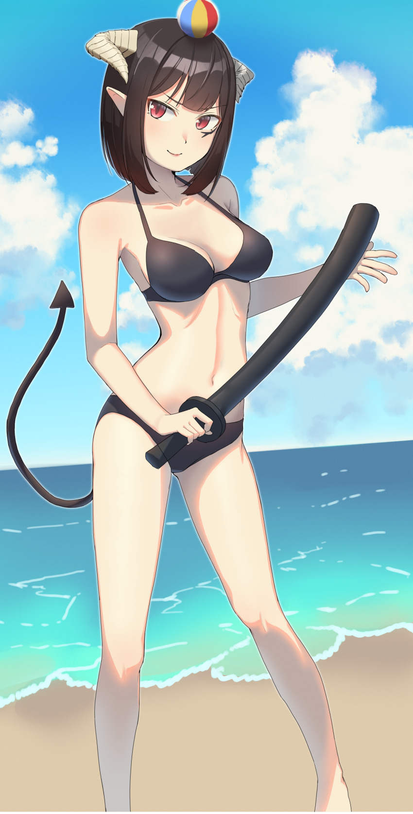 1girl absurdres armpits beach bikini black_bikini black_hair breasts closed_mouth demon_girl demon_horns demon_tail highres hime-sama_&quot;goumon&quot;_no_jikan_desu holding holding_sword holding_weapon horns light_blush lips looking_at_viewer medium_breasts navel ocean pointy_ears red_eyes sansu short_hair smile solo stomach swimsuit sword tail torture_tortura toy_sword weapon