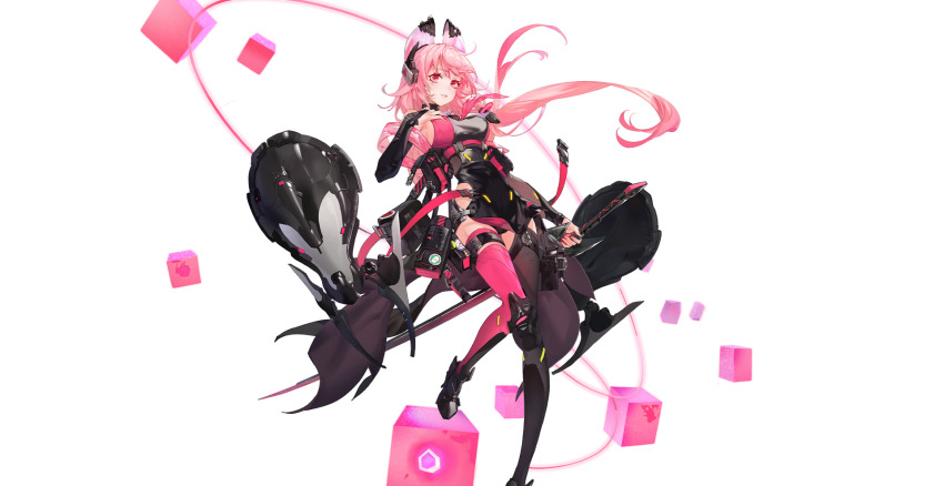 1girl animal_ears bad_source beatless belt bodysuit boots bridal_gauntlets cube device earphones fake_animal_ears floating hand_on_own_chest highres holding holding_weapon knees_together_feet_apart long_hair official_art pink_eyes pink_hair rekaerb_maerd sideways_glance simple_background thigh_strap thighhighs transparent_background turtleneck turtleneck_bodysuit very_long_hair viola_(beatless) weapon zettai_ryouiki