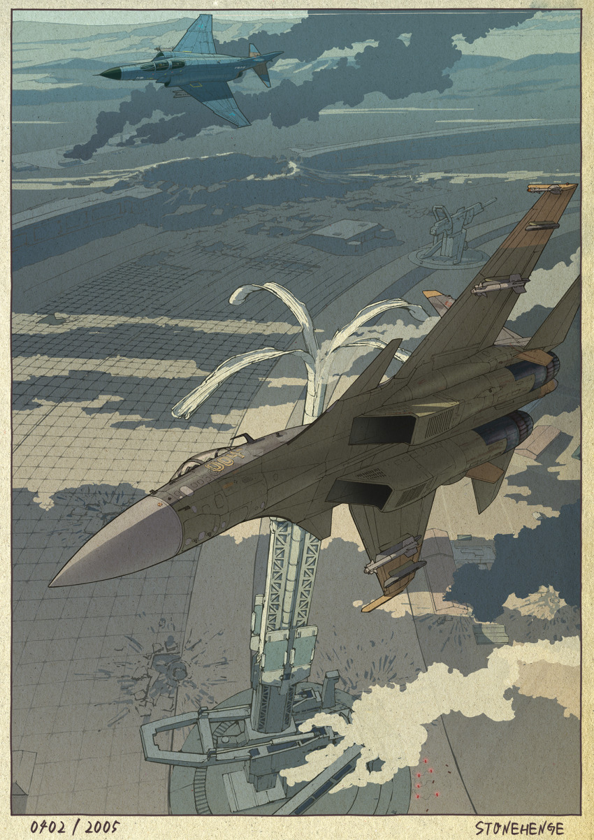 ace_combat ace_combat_04 aircraft airplane battlefield border check_commentary commentary_request day english_text f-4_phantom_ii fighter_jet fine_art_parody flying highres in-universe_location military military_vehicle mobius_1 nihonga outdoors parody smoke stonehenge_turret_network su-37 ukiyo-e vehicle_focus yellow_4 yuukou