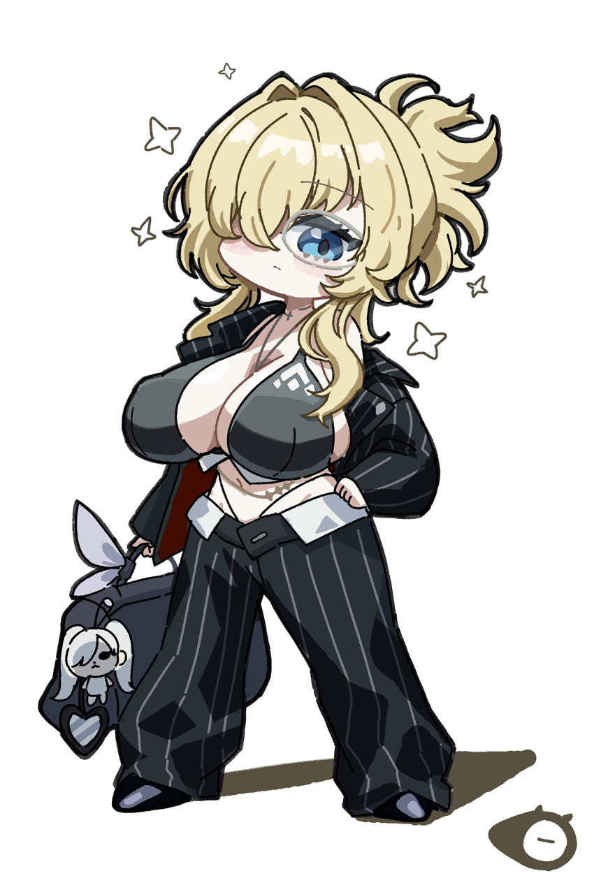 1girl artist_logo bag baggy_pants between_breasts bikini black_bikini black_jacket black_pants black_shoes blonde_hair blue_eyes breasts character_charm charm_(object) cinderella_(nikke) cleavage closed_mouth collar commentary_request full_body glasses goddess_of_victory:_nikke grave_(beautiful_you)_(nikke) grave_(nikke) hair_between_eyes hair_intakes hair_over_one_eye hand_on_own_hip handbag highleg highleg_bikini highres holding holding_bag jacket jewelry korean_commentary large_breasts logo long_hair long_sleeves looking_at_viewer metal_collar navel necklace off_shoulder official_alternate_costume pants pinstripe_jacket pinstripe_pants pinstripe_pattern ponytail shadow shoes short_ponytail sidelocks simple_background single_bare_shoulder solo sparkle standing stomach swimsuit white_background zakuroten