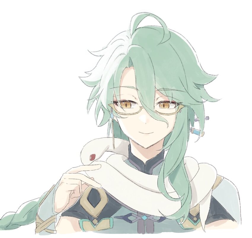 1boy animal baizhu_(genshin_impact) braid changsheng_(genshin_impact) closed_mouth genshin_impact glasses green_hair hair_between_eyes hair_ornament hair_stick long_hair male_focus orange_eyes red_snake shirase_(shirose) short_sleeves simple_background single_braid snake upper_body very_long_hair white_background