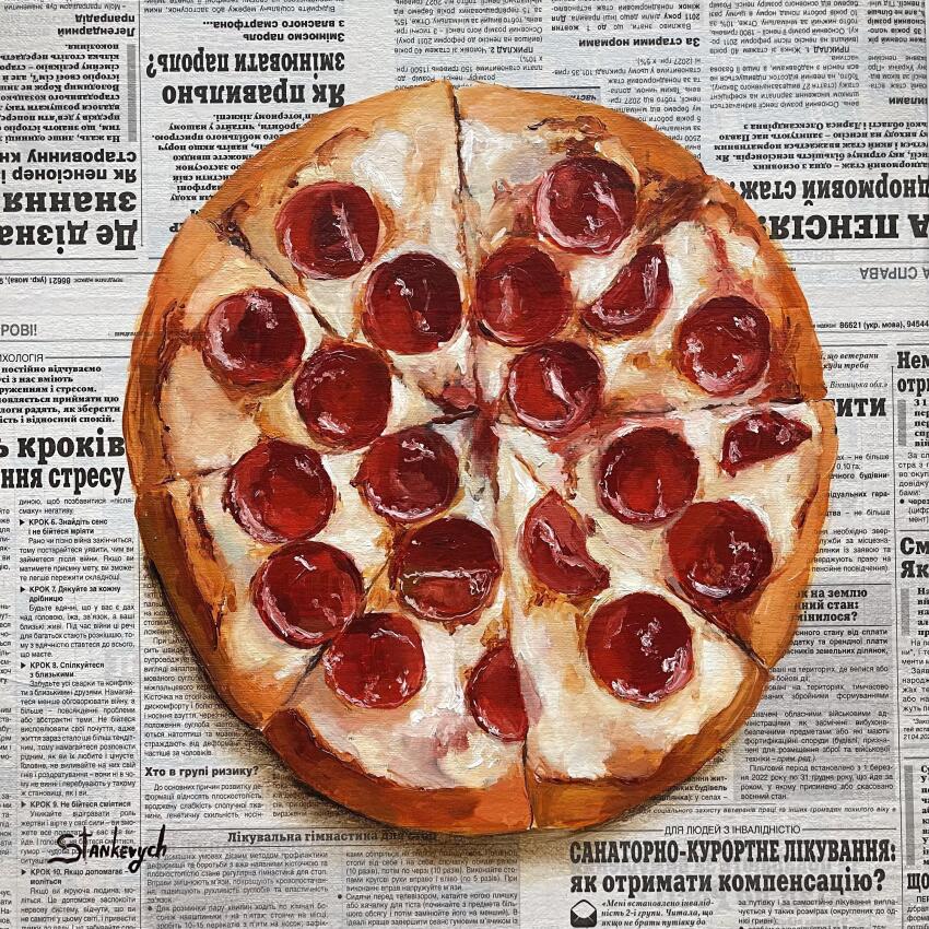 absurdres cheese food food_focus highres julia_stankevych newspaper no_humans oil_painting_(medium) original painting_(medium) pepperoni pepperoni_pizza photo_(medium) pizza realistic signature still_life traditional_media wall_of_text