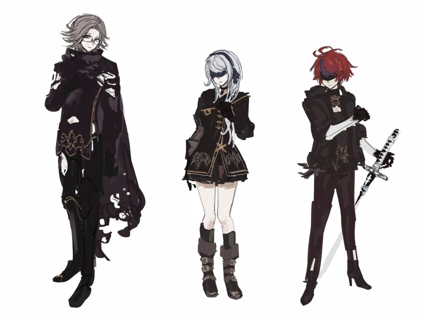 1girl 2b_(nier:automata) 2b_(nier:automata)_(cosplay) 2boys 9s_(nier:automata) 9s_(nier:automata)_(cosplay) ahoge aotsuki_eito black_gloves black_jacket black_shirt blindfold blue_hair boots character_request cosplay full_body glasses gloves grey_hair high_heel_boots high_heels highres jacket kirifuji_nozomi looking_at_viewer messy_hair multicolored_hair multiple_boys nier:automata nier_(series) parted_hair red_hair shirt standing sumino_takumi the_hundred_line_-last_defense_academy- white_hair