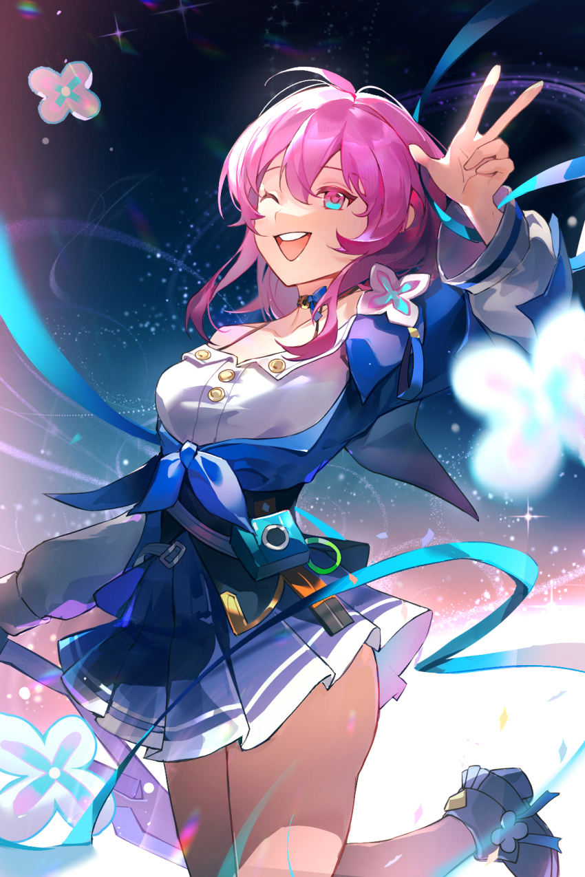 1girl :d ;d ankle_boots black_boots black_choker black_corset blue_eyes blue_jacket blue_skirt boots bra_strap breasts buttons camera check_commentary chinese_commentary choker cleavage collarbone commentary_request corset flower_ornament hair_between_eyes high_heel_boots high_heels highres honkai:_star_rail honkai_(series) jacket leg_up long_hair long_sleeves looking_at_viewer march_7th_(honkai:_star_rail) march_7th_(preservation)_(honkai:_star_rail) off_shoulder one_eye_closed open_mouth pink_hair pleated_skirt shirt shoes skirt smile solo teeth tied_jacket underbust w watermark weibo_watermark white_shirt yuanyi163
