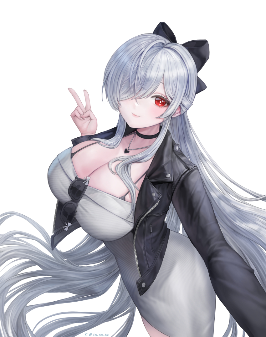 1girl absurdres black-framed_eyewear black_bow black_choker black_jacket bow breasts bright_pupils choker cinderella_(beautiful_me)_(nikke) cinderella_(nikke) cleavage closed_mouth commentary cowboy_shot dongtan_dress dress eyewear_hang fingernails goddess_of_victory:_nikke grey_bow grey_dress grey_hair hair_bow hair_over_one_eye half_updo hands_up heart heart_necklace highres jacket jewelry kimdooboo large_breasts leather leather_jacket light_blush long_hair long_sleeves looking_at_viewer looking_to_the_side meme_attire necklace official_alternate_costume official_alternate_hairstyle one_eye_covered open_clothes open_jacket outstretched_arm pencil_dress reaching reaching_towards_viewer red_eyes ribbed_dress selfie sidelocks simple_background smile solo standing sunglasses twitter_username unworn_eyewear v very_long_hair white_background white_pupils zipper