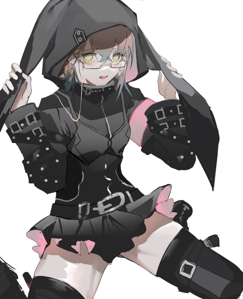 00zhuyin00 1boy animal_hood belt black_belt black_dress black_thighhighs blue_hair brown_hair chinese_commentary commentary_request cosplay crossdressing dress earrings effole_(fairy_fencer_f) effole_(fairy_fencer_f)_(cosplay) eyewear_strap fairy_fencer_f glasses green_eyes hand_up high_collar highres hood hood_up ike_eveland jewelry long_sleeves looking_at_viewer male_focus microskirt multicolored_eyes multicolored_hair nijisanji nijisanji_en open_mouth pink_eyes pleated_skirt rabbit_hood semi-rimless_eyewear simple_background sitting skirt solo thighhighs trap virtual_youtuber wariza white_background zettai_ryouiki
