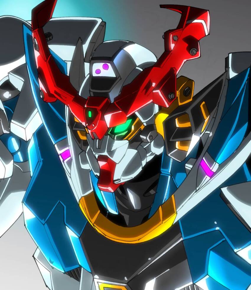 amakawa_mayu commentary_request glowing glowing_eye gquuuuuux gradient_background green_eyes gundam gundam_gquuuuuux highres mecha mecha_focus mobile_suit no_humans portrait robot science_fiction solo v-fin