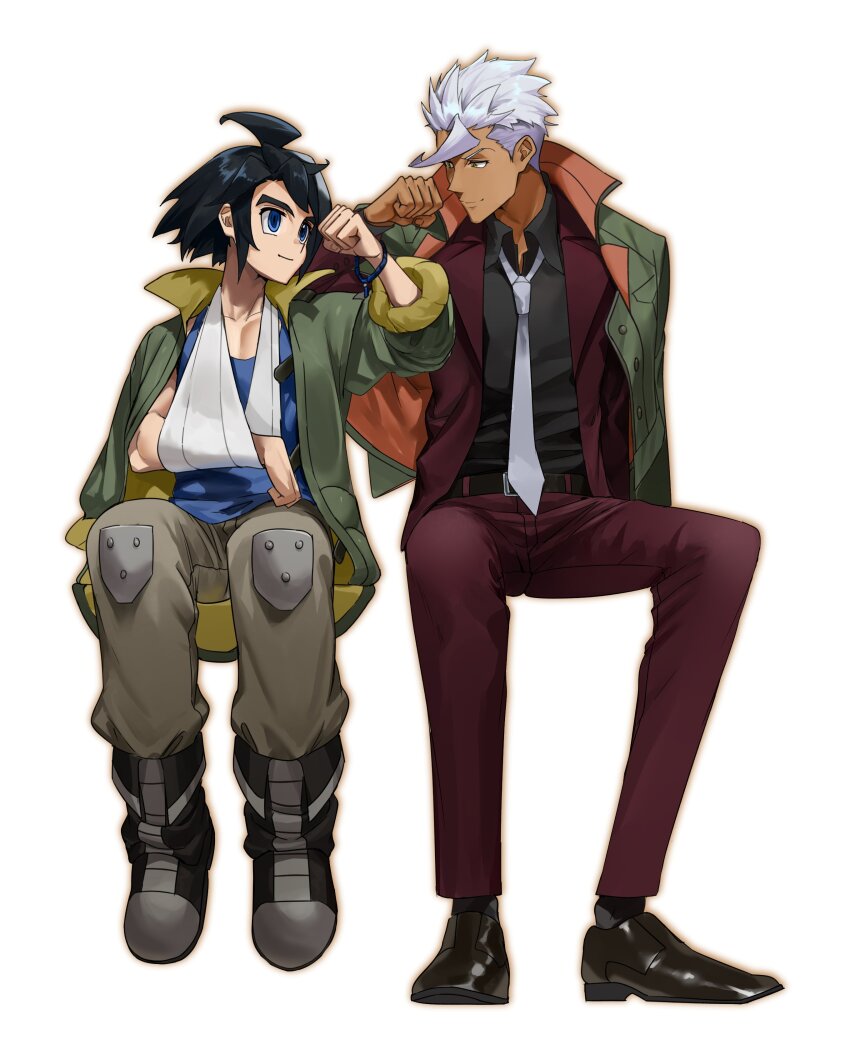 2boys absurdres ahoge arm_sling banno_(160x2m) belt black_belt black_footwear black_hair black_shirt black_socks blue_eyes blue_shirt bracelet brown_pants closed_mouth collared_shirt commentary_request dark-skinned_male dark_skin formal_clothes green_jacket gundam gundam_tekketsu_no_orphans hand_up high_collar highres invisible_chair jacket jacket_on_shoulders jewelry knee_pads korean_commentary long_sleeves looking_at_another loose_necktie male_focus mikazuki_augus multiple_boys necktie open_clothes open_jacket orga_itsuka pants red_jacket red_pants shirt shirt_tucked_in short_hair simple_background sitting three-quarter_sleeves smile socks suit suit_jacket untucked_shirt white_background white_hair white_necktie yellow_eyes