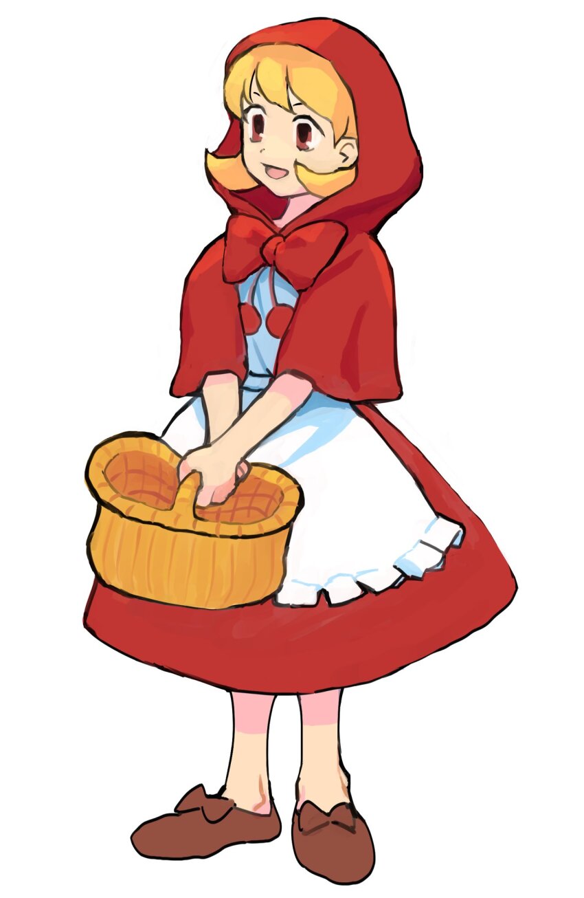 1girl :d apron b.b._hood basket blonde_hair bow bowtie brown_shoes darkstalkers dress full_body gan2 highres holding holding_basket hood hood_up legs_apart open_mouth picnic_basket red_bow red_bowtie red_dress red_eyes shoes short_hair simple_background smile solo standing white_apron white_background