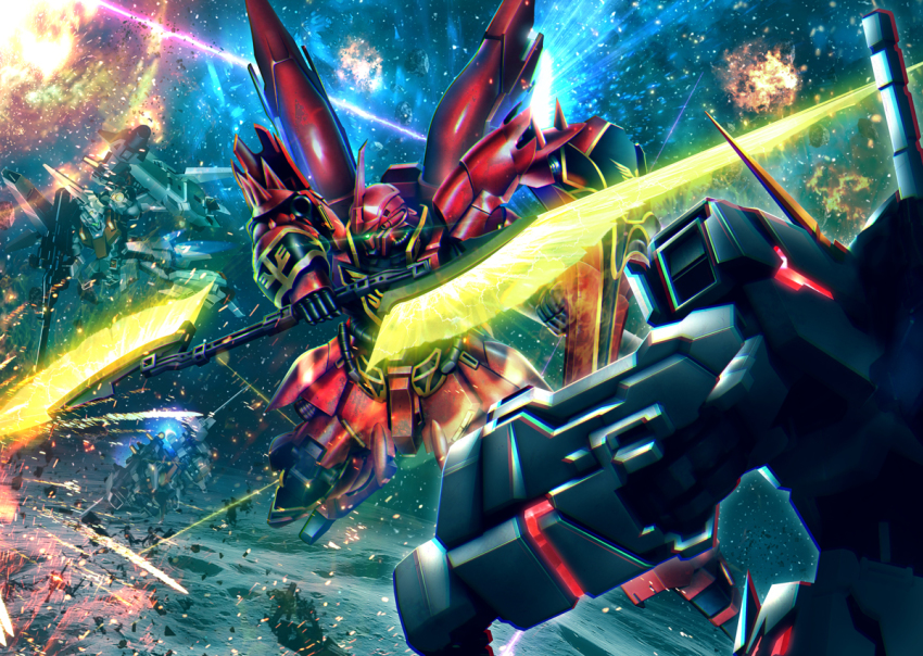 battle delta_plus fighting flying glowing glowing_eye green_eyes gundam gundam_unicorn hiropon_(tasogare_no_puu) mecha no_humans nt-d one-eyed photo_background robot sinanju solo_focus space unicorn_gundam zeon