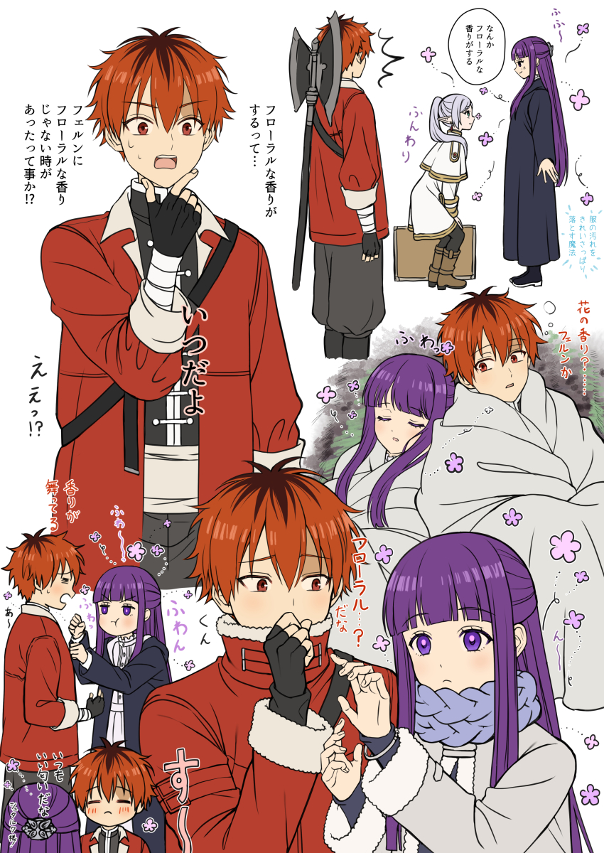 1girl 2boys =_= absurdres anko_kinako axe battle_axe black_gloves blanket blue_scarf brown_hair coat commentary_request fern_(sousou_no_frieren) fingerless_gloves frieren frown gloves grey_hair hand_on_own_chin highres multicolored_hair multiple_boys orange_eyes orange_hair pout purple_eyes purple_hair roots_(hair) scarf sleeping sousou_no_frieren stark_(sousou_no_frieren) suitcase sweat translation_request two-tone_hair weapon weapon_on_back winter_clothes winter_coat