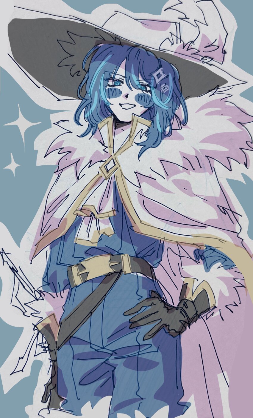 1boy :d absurdres belt black_gloves blue_eyes blue_hair blue_pants blue_shirt boots camille_(project_moon) cape cavalier_hat cinq_association_west_uniform cowboy_shot feathers fur-trimmed_boots fur_collar fur_trim gloves gold_trim grin hand_on_own_hip hat highres k1ui1 limbus_company looking_at_viewer male_focus medium_hair open_mouth outline pants project_moon shirt sketch smile solo sparkle wavy_hair white_cape white_outline