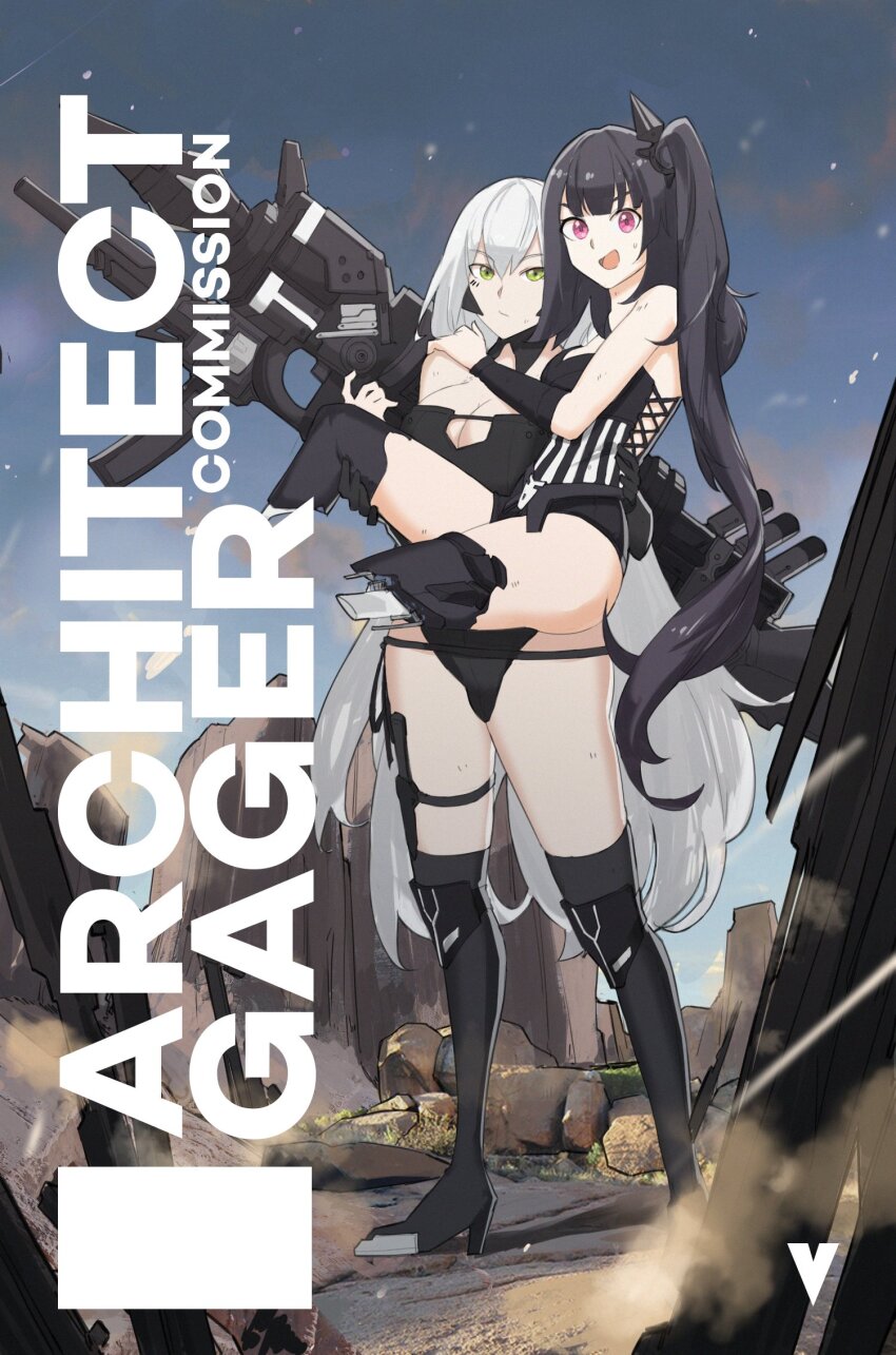 2girls :d amputee architect_(girls&#039;_frontline) bare_shoulders black_footwear black_gloves black_hair black_leotard blue_sky boots breasts carrying carrying_person character_name closed_mouth commentary commission day english_commentary gager_(girls&#039;_frontline) girls&#039;_frontline gloves green_eyes grey_hair gun hair_between_eyes high_heel_boots high_heels highres holding holding_gun holding_weapon leotard long_hair medium_breasts multiple_girls nervous_smile open_mouth outdoors purple_eyes side_ponytail single_glove sky smile standing thigh_boots variasii very_long_hair watermark weapon