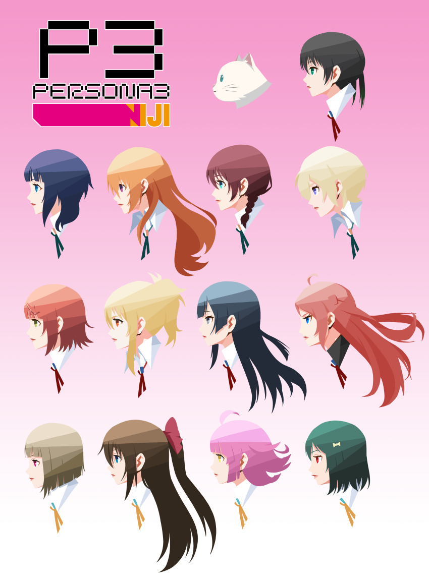 6+girls absurdres ahoge aqua_eyes asaka_karin black_hair blonde_hair blue_eyes blue_hair bow braid brown_eyes brown_hair cat collar commentary_request conachris crossover emma_verde expressionless gradient_background gradient_hair green_eyes green_hair green_ribbon hair_bow hair_ribbon hanpen_(love_live!) head_only highres konoe_kanata long_hair love_live! love_live!_nijigasaki_high_school_idol_club medium_hair mia_taylor mifune_shioriko miyashita_ai multicolored_hair multiple_girls nakasu_kasumi neck_ribbon osaka_shizuku parody persona persona_3 persona_3_reload pink_background pink_hair ponytail profile purple_eyes red_eyes red_ribbon ribbon short_hair style_parody takasaki_yu tennoji_rina twintails uehara_ayumu white_fur yellow_eyes yellow_ribbon yuki_setsuna zhong_lanzhu