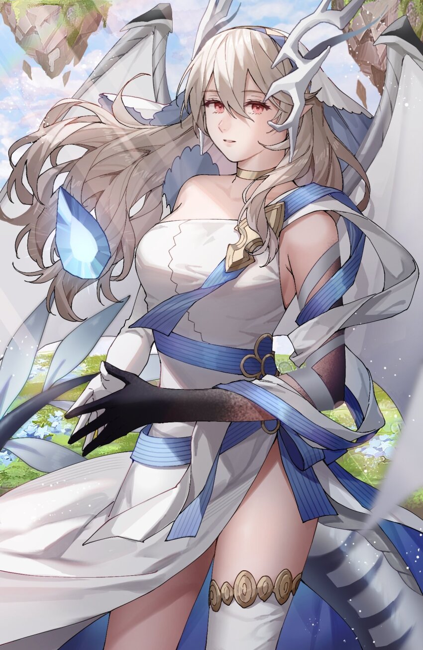 1girl ai_tkkm female_corrin_(adrift)_(fire_emblem) female_corrin_(fire_emblem) crystal detached_sleeves dragon_girl dragon_horns dragon_tail dragon_wings dress fire_emblem fire_emblem_fates fire_emblem_heroes floating_island grey_hair highres horns looking_at_viewer nintendo official_alternate_costume own_hands_together pointy_ears ribbon side_slit single-shoulder_dress single_detached_sleeve single_thighhigh solo tail thighhighs white_thighhighs wings