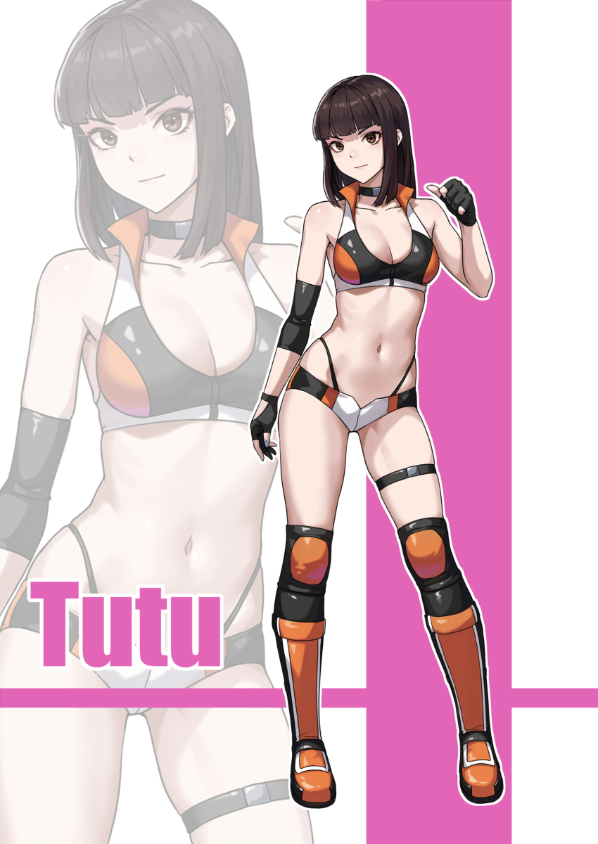 1girl absurdres black_choker black_gloves blue_nails blunt_bangs boots bra breasts brown_hair choker cleavage collarbone contrapposto elbow_pads full_body gloves groin highleg highleg_panties highres knee_pads long_hair medium_breasts micro_shorts multicolored_bra multicolored_shorts nail_polish navel orange_boots original outline panties partially_fingerless_gloves shorts solo straight_hair underwear white_outline yan_(situyan0303) zoom_layer