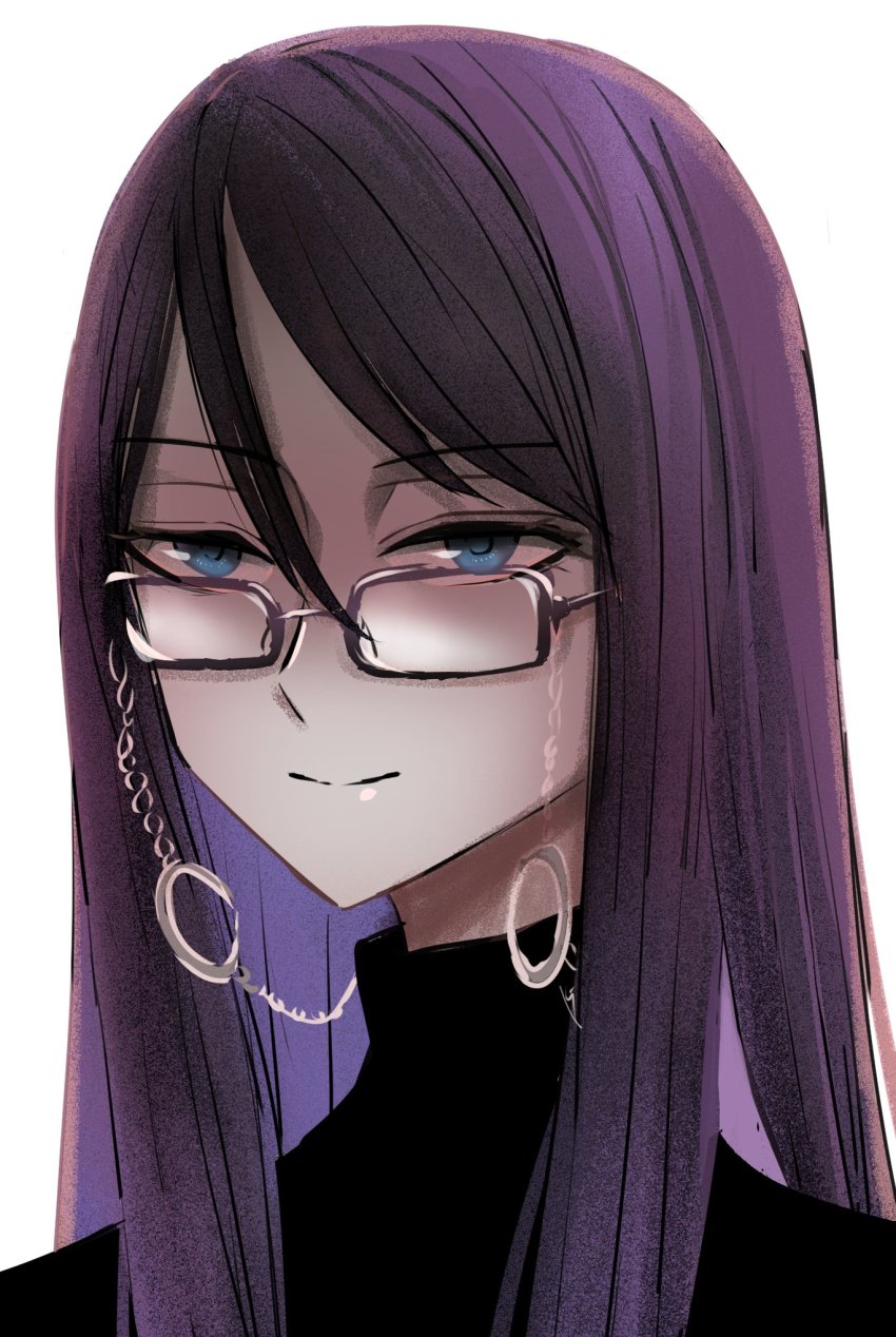 1girl black_hair black_sweater blue_eyes closed_mouth crescent_moon eyewear_strap glasses highres long_hair looking_at_viewer macartura08 moon portrait rectangular_eyewear simple_background smile solo sweater urasekai_picnic uruma_satsuki white_background