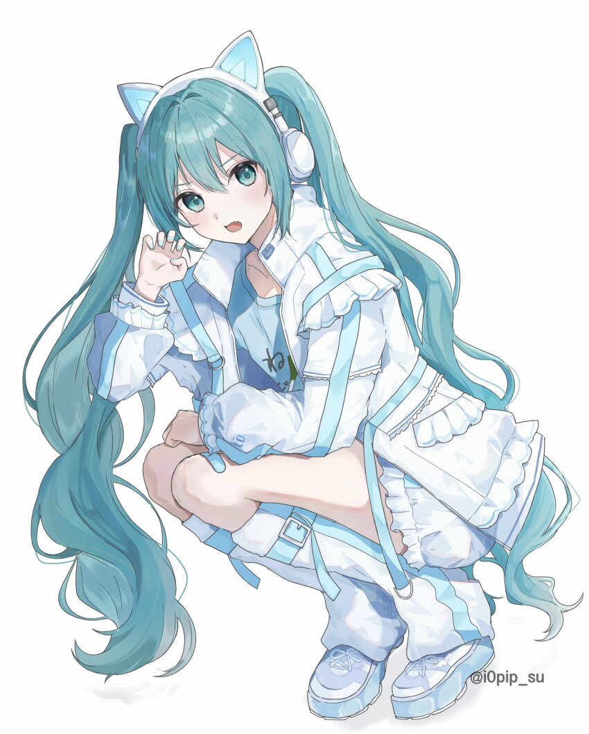 1girl animal_ear_headphones animal_ears blush boots cat_ear_headphones claw_pose commentary_request fake_animal_ears fang frilled_shorts frills full_body green_eyes green_hair hand_up hatsune_miku headphones highres jacket kaya_(i0pip_su) knee_boots long_hair long_sleeves looking_at_viewer open_clothes open_jacket open_mouth shorts simple_background solo squatting twintails twitter_username very_long_hair vocaloid white_background white_boots white_jacket white_shorts