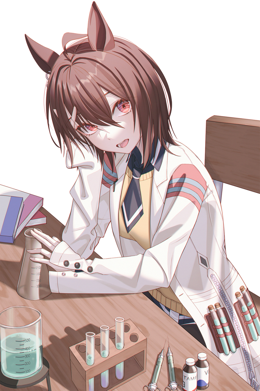 1girl agnes_tachyon_(umamusume) ahoge animal_ears beaker black_necktie book book_stack chair coat collared_shirt commentary_request corked_bottle earrings erlenmeyer_flask flask frustrated hair_between_eyes hand_on_own_face head_rest highres horse_ears horse_girl jewelry lab_coat messy_hair necktie open_clothes open_coat open_mouth rang_c red_eyes shadow shirt short_hair short_necktie single_earring sitting sweater syringe table test_tube_holster umamusume vial white_coat wooden_chair wooden_table yellow_sweater