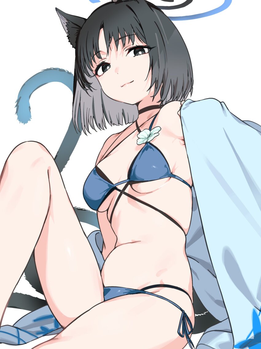 1girl absurdres animal_ears bakeneko bikini black_tail blue_archive blue_bikini blue_halo blue_haori blue_tail breasts cat_ears cat_girl cat_tail colored_inner_animal_ears criss-cross_straps gradient_tail haimura_kiyotaka halo haori highres japanese_clothes kikyou_(blue_archive) kikyou_(swimsuit)_(blue_archive) layered_bikini looking_at_viewer multiple_tails navel simple_background skindentation smile solo stomach swimsuit tail two_tails underboob white_background