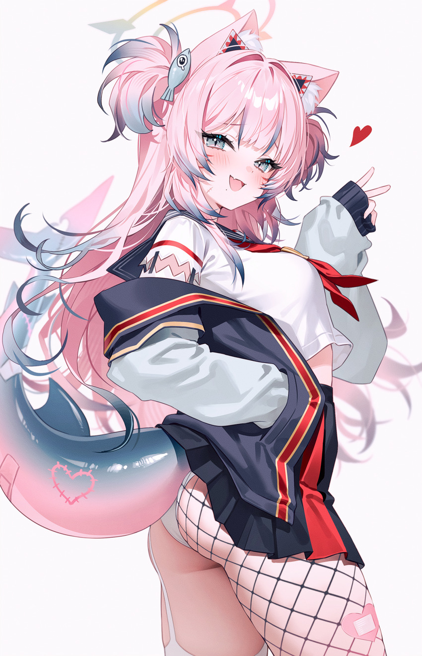 1girl :d animal_ear_fluff animal_ears ass bandaid black_skirt blush breasts cat_ears commentary_request crop_top crop_top_overhang fang fins fish_hair_ornament fish_tail fishnet_pantyhose fishnets fymrie garter_straps gradient_hair hair_ornament heart heart-shaped_bandaid high-waist_skirt highres jacket long_hair long_sleeves looking_at_viewer midriff miniskirt multicolored_hair neckerchief open_mouth original panties pantyhose pink_hair pleated_skirt red_neckerchief sailor_collar shark_tail shirt single_garter_strap skin_fang skirt smile solo tail thighhighs thighs underwear white_garter_straps
