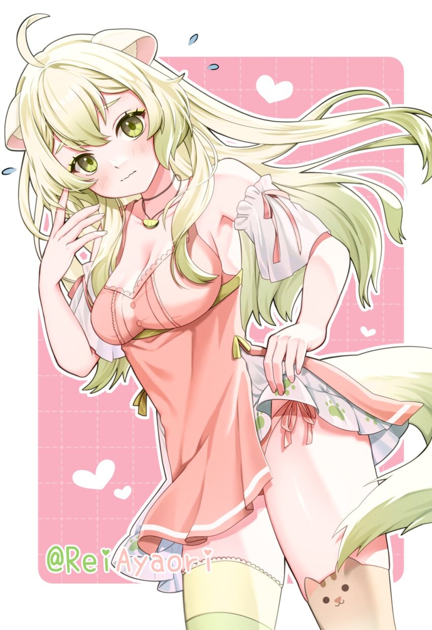ahoge animal_ears artist_name asymmetrical_legwear bare_shoulders blush breasts cleavage clothes_lift commission detached_sleeves dress embarrassed ferret ferret_ears ferret_girl ferret_tail flying_sweatdrops food fruit gradient_hair gradient_tail green_hair green_nails green_tail heart highres indie_virtual_youtuber jewelry laimu_(vtuber) laimu_(vtuber)_(1st_costume) lime_(fruit) lime_slice long_hair medium_breasts mismatched_legwear multicolored_hair multicolored_tail necklace panties paw_print pink_dress pink_nails pink_panties puffy_detached_sleeves puffy_sleeves reiayaori ribbon signature simple_background skirt skirt_lift tail thighhighs two-tone_hair two-tone_tail underwear vgen_commission virtual_youtuber white_hair white_tail zettai_ryouiki