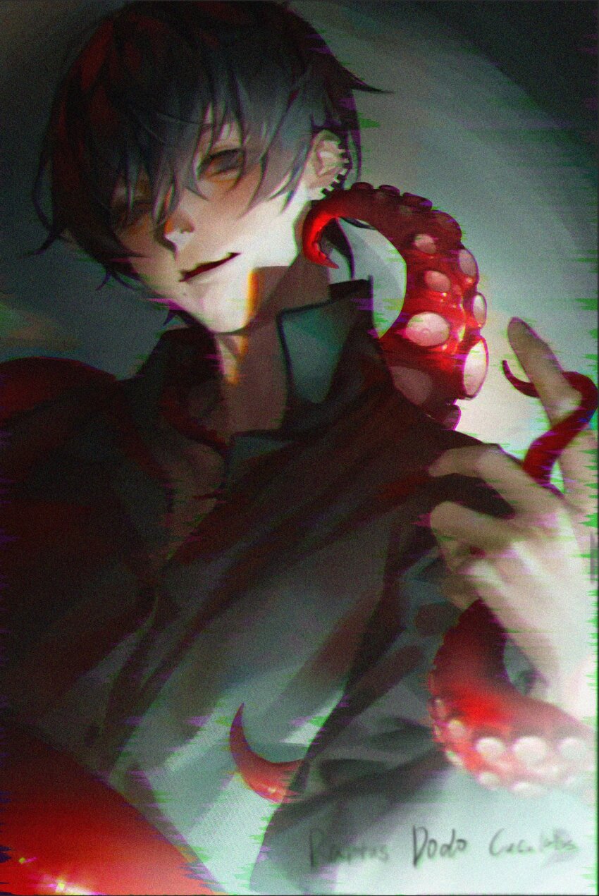 1boy black_hair black_shirt chainsaw_man closed_eyes collared_shirt commentary dodosuper04 ear_piercing earrings grey_eyes hair_between_eyes highres jewelry looking_at_viewer male_focus open_collar piercing popped_collar shirt short_hair signature solo tentacles upper_body yoshida_hirofumi