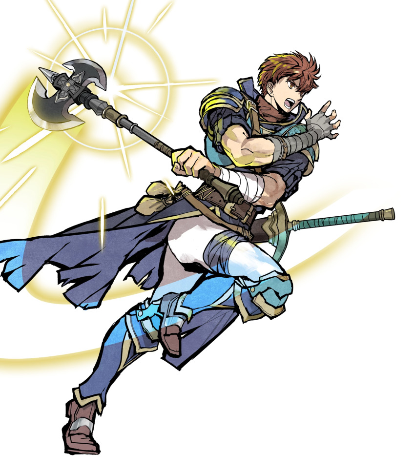 1boy akira_(kaned_fools) armor axe bandages battle_axe belt brown_eyes brown_hair chest_armor fire_emblem fire_emblem:_the_blazing_blade fire_emblem_heroes full_body glowing glowing_weapon highres holding holding_axe holding_weapon leg_armor male_focus mercenary nintendo non-web_source official_art open_mouth raven_(fire_emblem) short_sleeves solo sword transparent_background weapon