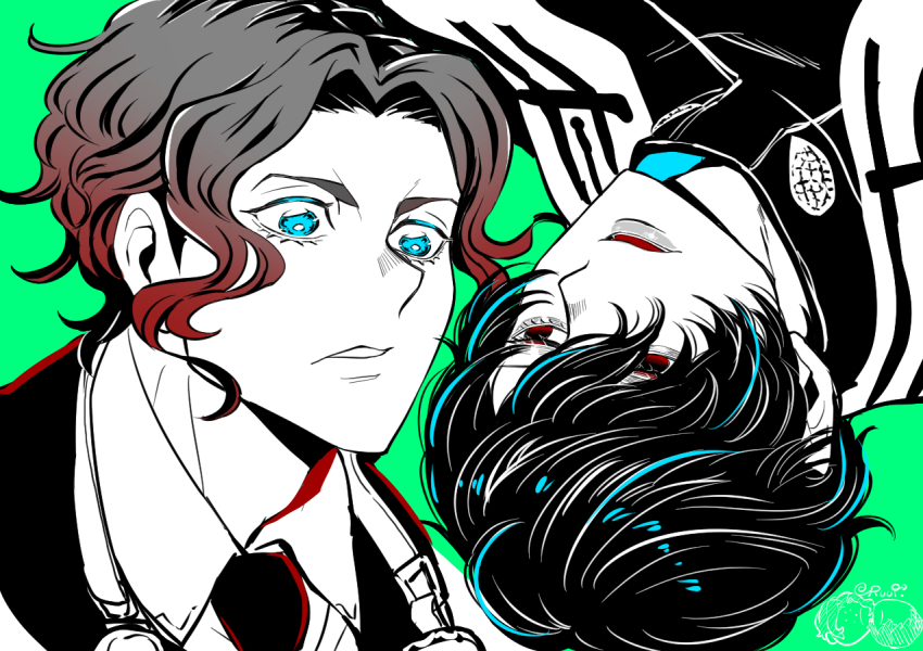 2boys beelzebub_(shuumatsu_no_valkyrie) blue_eyes curly_hair goggles goggles_around_neck green_background greyscale greyscale_with_colored_background half-closed_eyes jitome limited_palette male_focus messy_hair monochrome multiple_boys necktie nikola_tesla_(shuumatsu_no_valkyrie) parted_lips pointy_ears red_eyes robe short_hair shuumatsu_no_valkyrie teeth upper_body upside-down