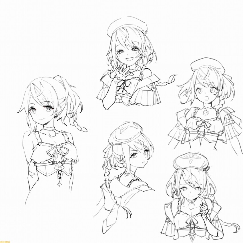 1girl :d :o atelier_(series) atelier_resleriana bare_shoulders braid choker closed_mouth detached_sleeves multiple_expressions frown greyscale hand_up hat highres hood hood_down long_hair looking_at_viewer looking_back monochrome multiple_views official_art open_mouth resna_sternenlicht second-party_source simple_background smile umiu_geso upper_body white_background