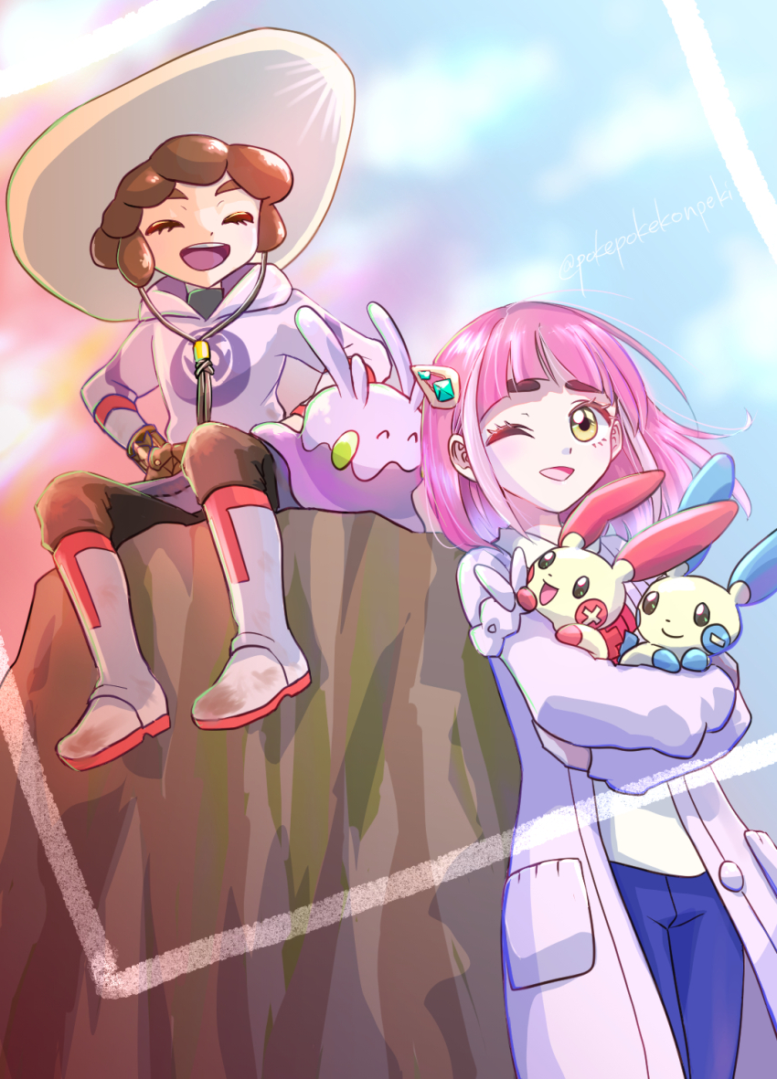1boy 1girl ;d ancestor_and_descendant blue_pants brown_eyes brown_hair cardigan closed_eyes gen_3_pokemon gen_6_pokemon goomy hair_ornament hairclip highres holding holding_pokemon lacey_(pokemon) lian_(pokemon) long_sleeves looking_at_another minun nintendo one_eye_closed open_mouth pants pink_cardigan pink_hair plusle pokemon pokemon_(creature) pokemon_legends:_arceus pokemon_sv pokepokekonpeki related short_hair sitting smile twitter_username