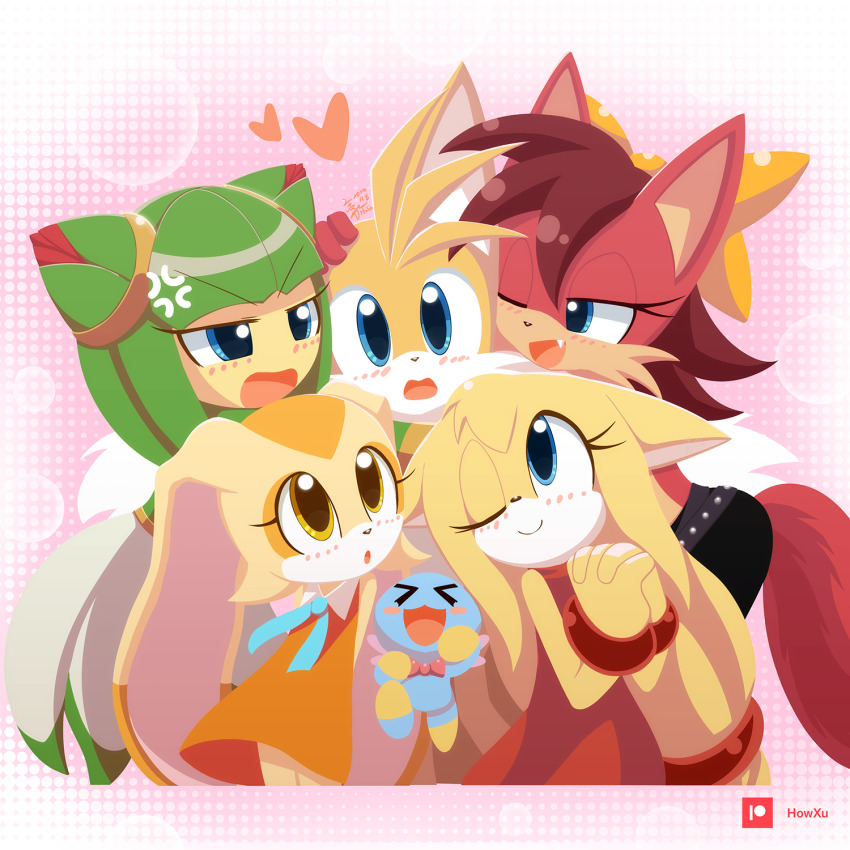 1girl 4girls anger_vein artist_name blush bow bowtie bracelet brown_hair chao_(sonic) cheese_(sonic) commentary cosmo_(sonic) cosmo_the_seedrian cream_the_rabbit fang fiona_fox fox_boy fox_girl hair_bow highres howxu jewelry midriff multiple_girls neutral_chao one_eye_closed simple_background sleeveless sonic_(series) sonic_the_hedgehog_(archie_comics) sonic_x tails_(sonic) zooey_(sonic)