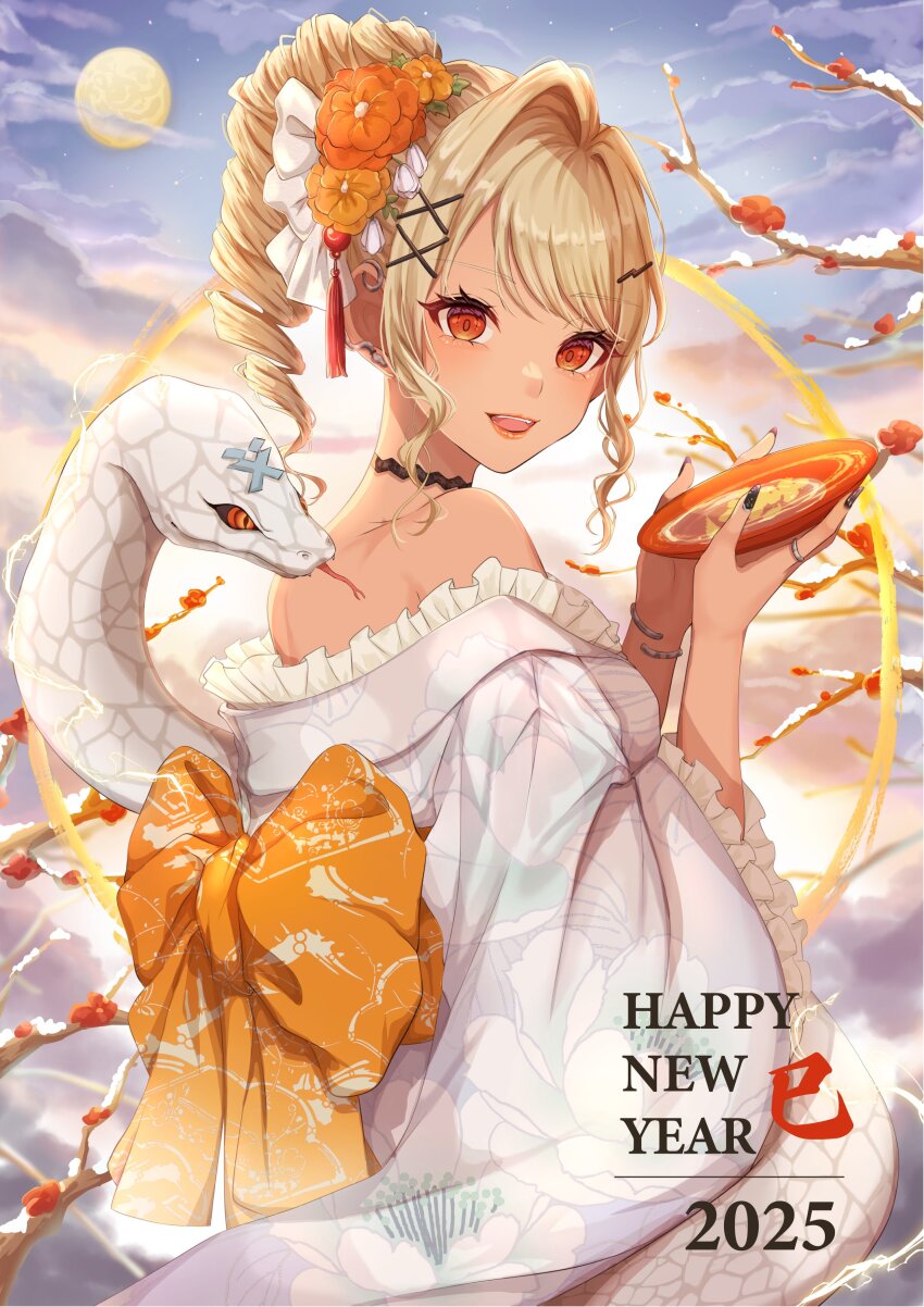 1girl 2025 absurdres alternate_costume back_bow bare_shoulders blonde_hair bow bracelet chinese_zodiac choker commentary cup dark-skinned_female dark_skin drill_hair drill_ponytail earrings eyelashes fingernails floral_print floral_print_kimono flower frilled_kimono frills from_behind full_moon gyaru hair_ornament hairclip happy_new_year highres holding holding_cup japanese_clothes jewelry kaminari_qpi kanzashi karakusa_(pattern) kimono looking_at_viewer looking_back loose_kimono miya_(_32miya107) moon nail_polish new_year obi off_shoulder orange_bow orange_eyes orange_flower orange_lips print_kimono ring sakazuki sash single_hair_intake sky smile snake snake_earrings solo swept_bangs tan tsumami_kanzashi virtual_youtuber vspo! white_kimono white_snake x_hair_ornament year_of_the_snake