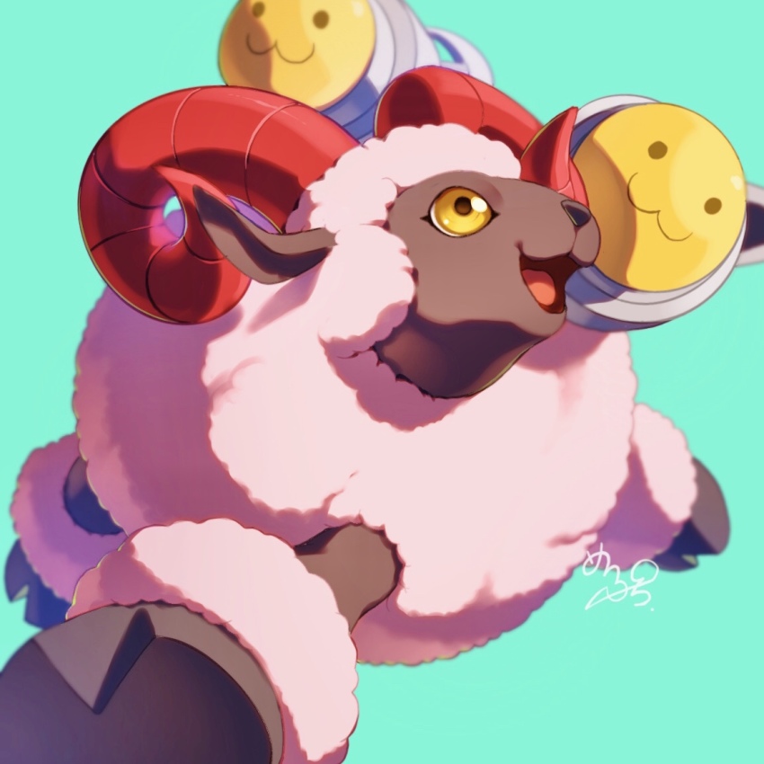 digimon digimon_(creature) horns sheep sheep_horns sheepmon smile solo yellow_eyes