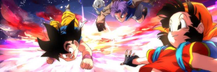 1girl 2boys backpack bag black_eyes black_gloves black_hair brown_gloves capri_pants dougi dragon_ball dragon_ball_gt fingerless_gloves flying giru_(dragon_ball) gloves jacket joints looking_at_another medium_hair multiple_boys open_clothes open_jacket open_mouth outdoors pan_(dragon_ball) pants purple_hair red_shirt robot robot_joints rom_(20) shirt short_sleeves sky smile son_goku spiked_hair sunlight sunset teeth trunks_(dragon_ball) two-tone_shirt yellow_shirt